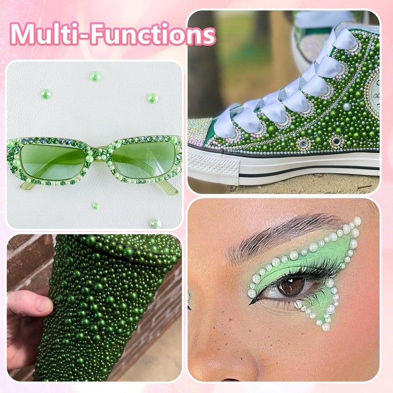 Cynailli Green Flatback Pearls for Crafting, 3/4/6/8mm Flatback Nail Pearls for Nails Art, Half Round ABS Green White Pearl Beads Gems for Nails Art DIY Crafting Face Hair Manicure DIY - Image 5